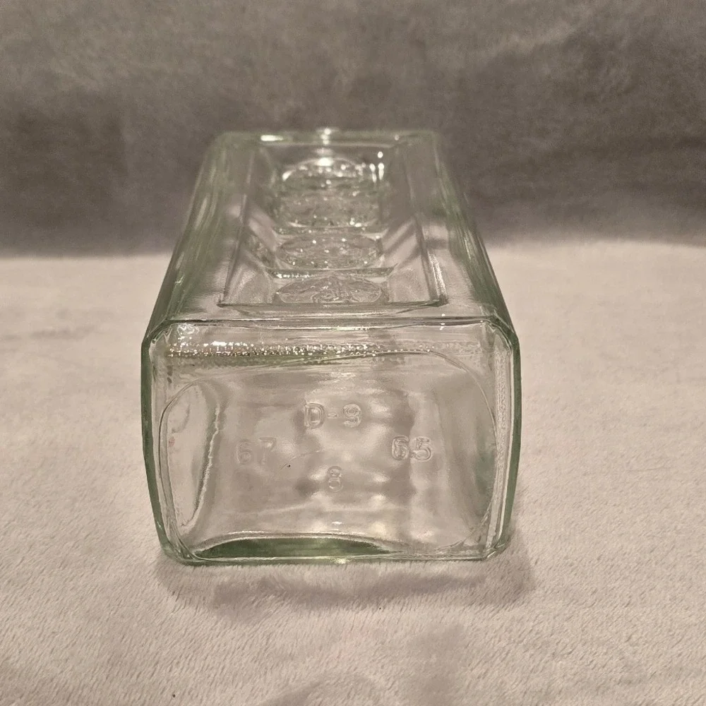 Vintage Clear Glass Square Decanter Embossed Coin Medallions 8.75
